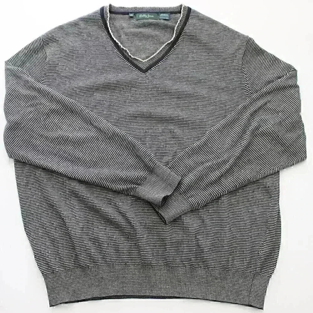 Bobby Jones Men's Medium Cashmere Blend Black White Striped V-Neck Sweater